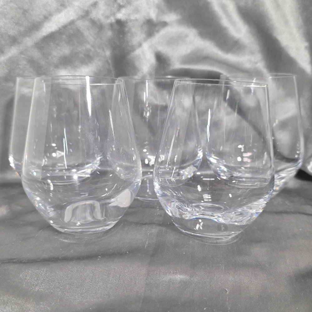 Lenox Stemless Wine Glasses Set of 5 Clear Glass Barware Crystal Etched Logo